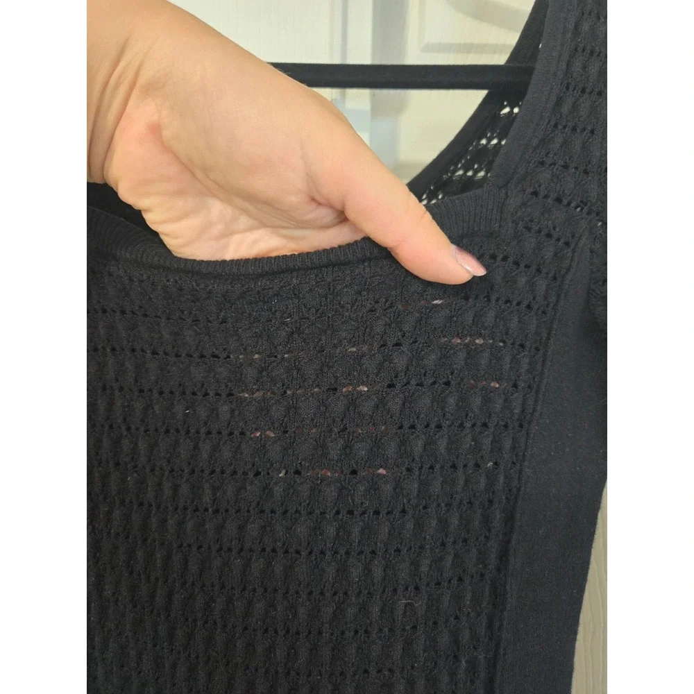 Free People Black Pointelle Open Knit Square Neck Long Sleeve Top Size Large